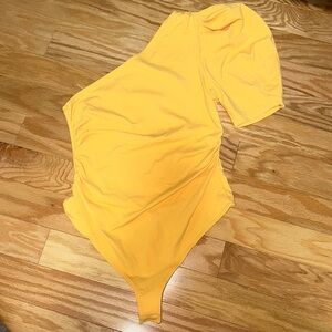Free People Yellow One Shoulder Puff Sleeve BodySuit